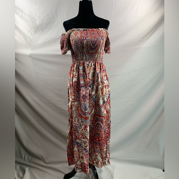 Boho Paisley Off Shoulder Split Thigh Dress - Picture 6 of 6